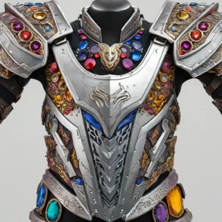 A stylized, chunky piece of body armor with embedded jewels, designed as a fun video game asset, featuring a wide shot with the armor's intricate details and colorful jewels on a plain white background, with a dramatic, muted lighting effect to accentuate its textures and vibrant colors, in a darker, ominous tone, with a masculine aesthetic, angular lines, and bold shapes.