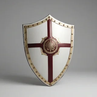 A highly detailed, realistic shield with a burgundy color, full-body view, on a plain white background, with a metallic sheen and intricate designs, wide shot, with the shield's edges and surface fully visible