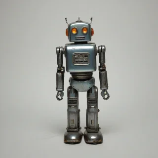vintage metal wind up robot, on a plain white background, even lighting