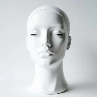 A white plastic mannequin head with fake eyelashes on it