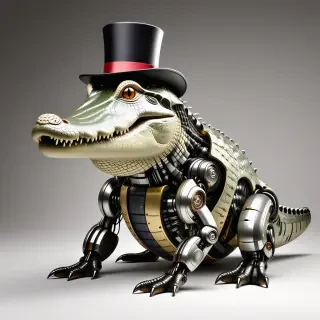 a robotic crocodile wearing a top hat with metallic scales and mechanical limbs