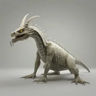 A serpent style monster with bold lines, horns, and spikes on its body, featuring rough, jagged scales and bright lighting on a plain white background, with one long, slender tail, and no other secondary features., on a plain white background, even lighting