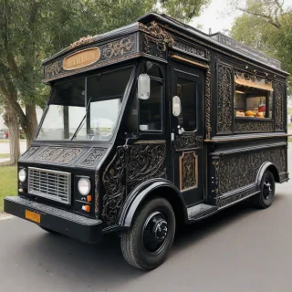 A black, Victorian-style food truck, with intricate details and ornate carvings, in a full-body view, with all four wheels visible, on a plain white background, with a wide-angle shot, and soft, natural lighting, on a plain white background, even lighting