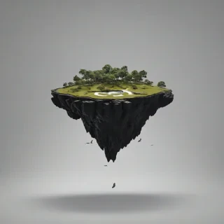 A photorealistic, black, floating island, with a wide shot, full-body view, set against a plain white background, with dynamic shadows and a hard rim light, in a cinematic style, with a bird’s eye view perspective, on a plain white background, even lighting 