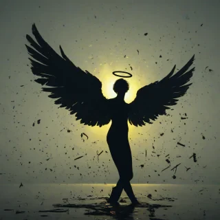 Silhouette of a fallen angel with a broken glowing yellow halo floating above his head