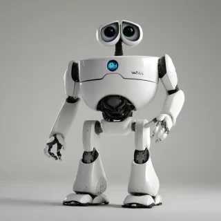 Eve the white robot from the movie Wall-E, standing on a plain white background with even lighting, with a sleek, rounded body that is egg-shaped, with no neck or legs, and sleek arms with no visible joints.
