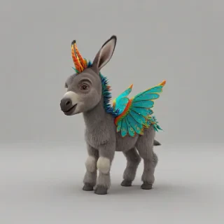 3D cartoon animation, baby donkey with a pair of small, colorful dragon wings sprouting from his back, on a plain white background, even lighting