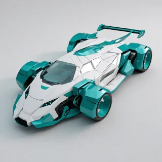 A teal, low poly, full-body view of a futuristic vehicle, with a wide shot and feet visible, on a plain white background, in a digital art style with dynamic shadows and a hard rim light, with a bird’s eye view perspective, on a plain white background, even lighting