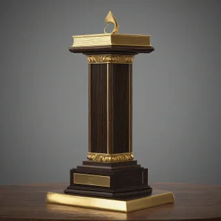 model of a prestigious trophy. The base is a solid, dark wood square pedestal with a gold metal plaque on the front. A silver twisted metallic pillar rises from the base. On top of the pillar, there is an open Holy Bible made of polished gold, with visible page texture. High-resolution details, cinematic lighting, 8k, realistic textures, symmetrical design., on a plain white background, even lighting