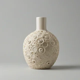 a light beige vase with a wide bottom and narrow bottle neck top, featuring a circular infill design in a repeating pattern of interlocking gears on a plain white background with even lighting