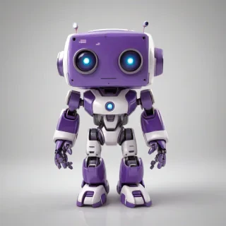 A cute, purple and white video game robot with a stumpy body, big eyes, and a cubic face, standing in a full-body view with its feet visible, on a plain white background, in a comic book art style with bold lines and bright colors, with a wide-angle shot and bright lighting, on a plain white background, even lighting, on a plain white background, on a plain white background, even lighting, on a plain white background, even lighting 