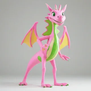 A vibrant, full-body view, wide shot, pop art style, light pink dragon with bright green eyes, standing on a plain white background, with dynamic shadows and a hard rim light, in a fun and playful pose, with bold black outlines and colorful textures, feet visible