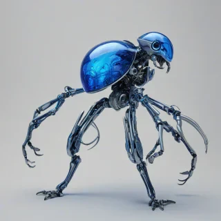 a biomechanical creature, Periwinkle, with metallic limbs and a translucent, glowing blue body, set against a plain white background, in a wide shot with its entire body visible, including its feet, with a mix of digital painting and 3D art styles, incorporating intricate details and textures, with a focus on showcasing its unique mechanical and organic features, in a futuristic, high-tech environment, on a plain white background, even lighting
