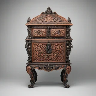 A intricately carved, old, mysterious chest, with a dark fantasy style, peach-colored accents, ornate details, and a wide shot, full-body view, on a plain white background, with dramatic lighting and dynamic shadows, on a plain white background, even lighting