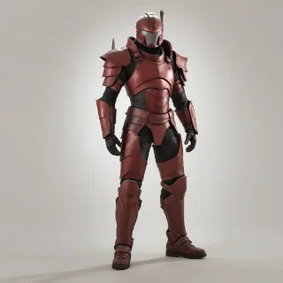 A full-body view of a piece of crimson, grunge-style armor, with a wide shot, on a plain white background, featuring a mix of metallic and leather textures, with visible scratches and worn details, in a digital art style with dynamic shadows and a hard rim light, on a plain white background, even lighting 