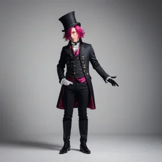 A full-body view of a majestic anime man with vibrant magenta hair, dressed in elaborate Victorian attire, complete with a top hat, coat, and gloves, standing on a plain white background with a wide shot, dramatic lighting, and dynamic shadows, in the style of a digital illustration, on a plain white background, even lighting