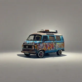 Borderlands style VW van, with graffiti all over the van, bright lighting, on a plain white background, even lighting
