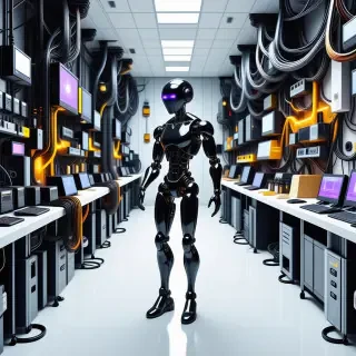 A wide shot, landscape view of a bright, futuristic room filled with cool electronic computer equipment, wires, and futuristic gadgets, with a sleek, black metal humanoid robot with purple accents framing the face, arms, and legs and around the torso, dancing in the center of the room with soft, natural lighting and a shallow depth of field, in a digital art style with clean lines and minimal textures.