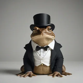 realistic style, toad wearing Victorian style clothes, top hat, wide angle shot, bright lighting, on a plain white background, even lighting