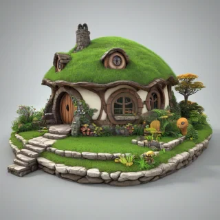 3d animation cartoon style hobbit house, with a turtle shell as the roof, bright and vivid colors, on a plain white background, even lighting