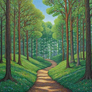 Pointillism of a forest with a path going through the forest