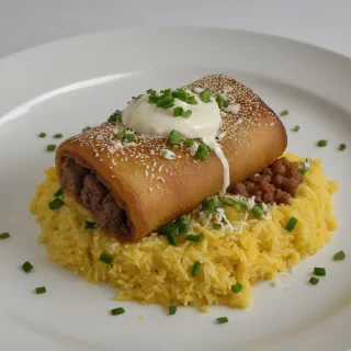 chimichanga on a bed of yellow rice with cheese sauce over the top, on a plain white background, even lighting