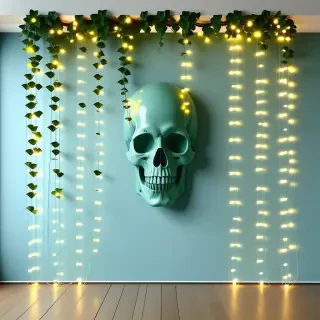 A cute aquamarine wall with fake vines decorating it. There is a string of fairy lights that make out the image of a skull on the wall