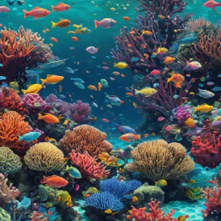 Low poly art of Vibrant coral underwater surrounded by a lot of colorful fish