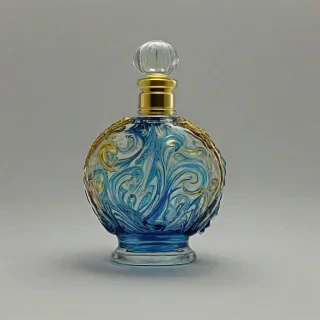 Fancy, decorative, multicolored glass perfume bottle with swirling patterns of blue and gold, on a plain white background, even lighting