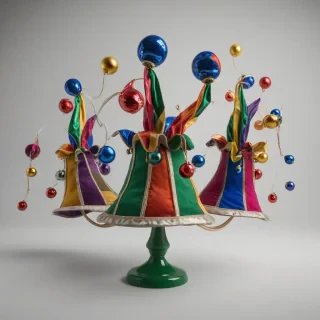 A colorful jester's hat with three floppy crowns, decorated with bells, on a plain white background, in a full-body view, with a wide-angle shot, and dynamic shadows, on a plain white background, even lighting 