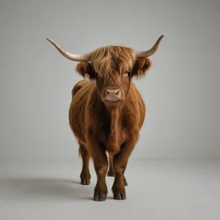 Highland cow, full body visible, wide angle shot, on a plain white background, even lighting