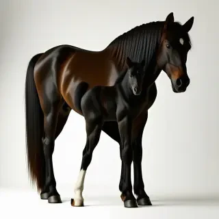 Black horse standing, with a black baby horse standing next to the bigger one