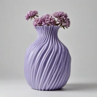 pastel purple vase with twisted ridges wrapping around the vase, on a plain white background, even lighting