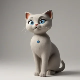 A clay animation style grey cat with a sweet expression and blue eyes, full-body view, on a plain white background, with a warm and cozy atmosphere, soft lighting, and subtle textures to emphasize the clay-like appearance, on a plain white background, even lighting 