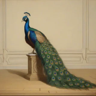 A neoclassic painting of a full-body view of a single, majestic peacock, with vibrant feathers and intricate details, in the style of Jacques-Louis David, with warm lighting and soft shadows, and a wide-angle shot to capture the entire bird