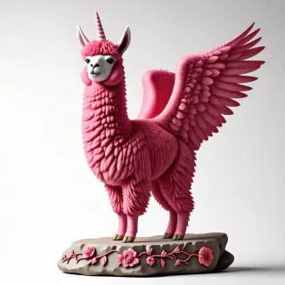 A llama with fluffy and curly fuscia fur, large pink angel wings, wide eyes, and a white unicorn horn standing on a stone platform engraved with images of flowers and vines