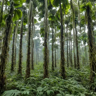 Amazon jungle with a field of corpse flowers and vines hanging from trees, wide shot, plain white background