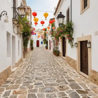 small Mediterranean village, cobble stone streets, colorful lanterns, wide shot, plain white background