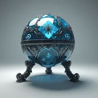 A cursed Azure crystal orb, full-body view, wide shot, pixel art style, with a dark and ominous aura, intricate details, and mystical symbols etched into its surface, on a plain white background, on a plain white background, even lighting