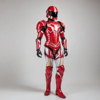 A vibrant, crimson piece of armor, in the style of pop art, with bold lines, bright colors, and a dynamic composition, full-body view, on a plain white background, with a wide-angle shot, and dramatic lighting, on a plain white background, even lighting 