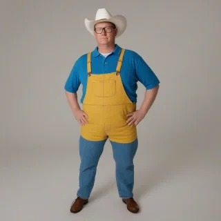 Hank Hill from King of the Hill with a yellow body, one blue overalls, a big belly, and a Texan hat, on a plain white background with even lighting, looking directly at the viewer with a neutral expression.