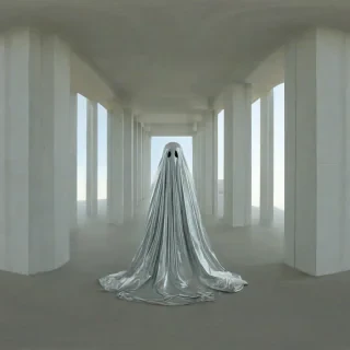 A full-body view of a ghost with a silver, metallic sheen, set against a plain white background, in the style of Brutalism, with a wide-angle shot and dramatic lighting, emphasizing the ghost's ethereal presence, with a focus on architectural details and a sense of eeriness