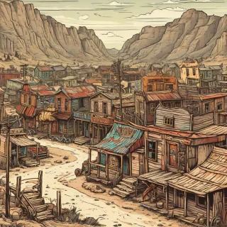 A hand-drawn, cell shaded style illustration of an old, run down wild west town with bright and vivid colors, full-body view, wide shot, with visible foundations, set against a plain white background, in the style of a vintage cartoon, on a plain white background, even lighting
