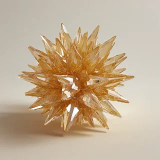 A large, intricate crystal formation, with a warm, golden amber color, in a wide shot, full-body view, with a plain white background, and a sense of depth and dimensionality, in a concept art style, with bold lines and vibrant colors, and a sense of luminosity and glow