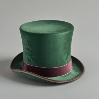 A green velvet top hat, wide shot, full-body view, on a plain white background, with a soft, natural light, and a subtle shadow, in the style of a 19th-century illustration, highly detailed, intricate, and ornate, with a sense of luxury and elegance, the hat is placed on a surface, with no human or animal presence, and no additional objects or accessories, on a plain white background, even lighting