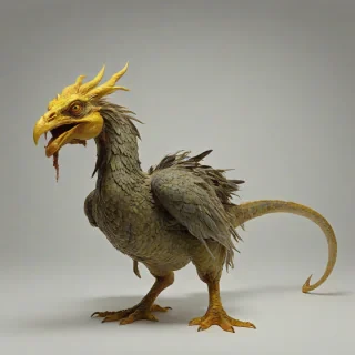 D & D style a terrifying, horror fantasy mythical creature with a dragon head on chicken legs, eyes that glow yellow, set against a plain white background, in a wide shot with its full body visible, including its feet, with bold lines, and vibrant, with bright lighting, on a plain white background, even lighting