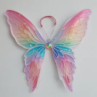 cartoon style shimmering, pastel, rainbow colored toy fairy wings, with delicate details, and a soft, ethereal glow, on a plain white background, with no other objects, animals, or humans in sight, in a cartoon illustration style, with vibrant, iridescent colors and subtle, gradient-like transitions between hues, wearable like a backpack, on a plain white background, even lighting