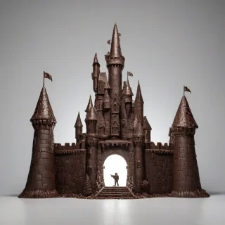 Castle, made entirely of chocolate, wide angle shot, nothing else in shot, bright lighting, on a plain white background, even lighting