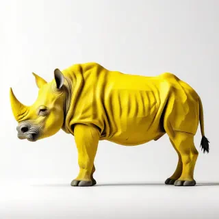 A yellow, full-body view of a rhinoceros on a plain white background, in the style of brutalist architecture, with sharp lines and geometric shapes, wide shot, with the animal's feet visible, and a bright yellow color palette