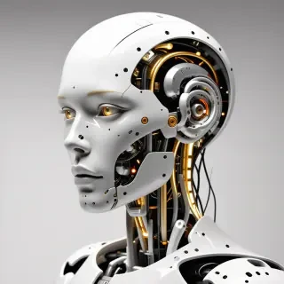 A humanoid robot a with sleek white exterior and a face made out of clear glass that shows a human brain connected to several wires encased inside the robot's face.